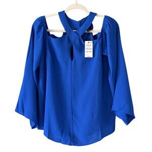 INC Halter Neckline Cold Shoulder Long Sleeve Keyhole Chest Blue Womens Top NWT